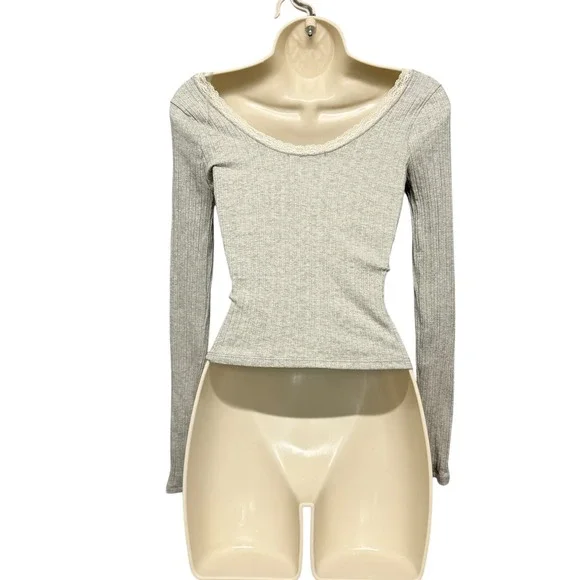 Women Long Sleeve Top Size M Heather Gray Coquette Twee Soft Girl Ruched Rosette - Picture 7 of 14